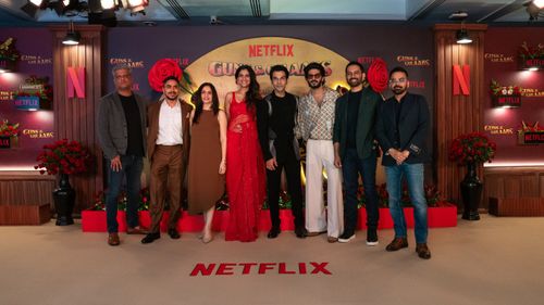 T.J. Bhanu, Rajkummar Rao, and Dulquer Salmaan at an event for Guns & Gulaabs (2023)