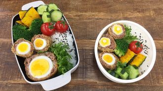 Episode 8 Sukiyaki Soboro Bento & Scotch Egg Bento